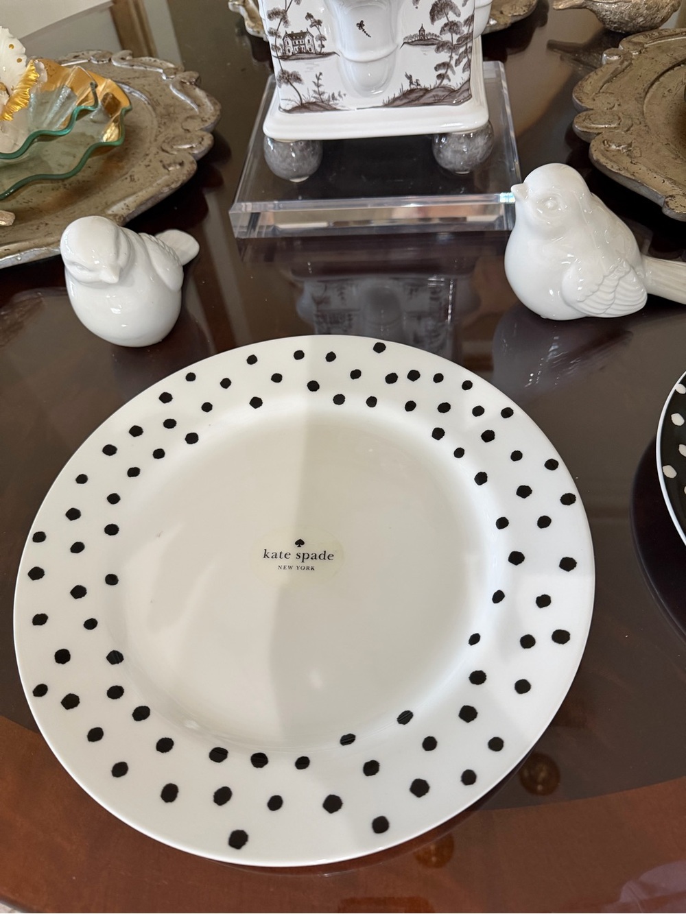 Set (5) Kate Spade Black Dot on White, Ceramic Dinner Plate
